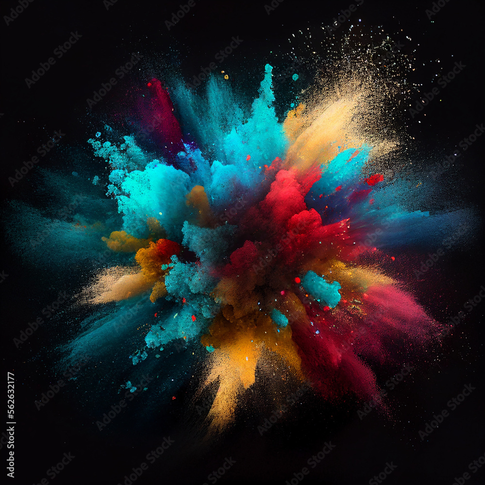 Colorful powder explosion on black background. Generative AI - obrazy, fototapety, plakaty 