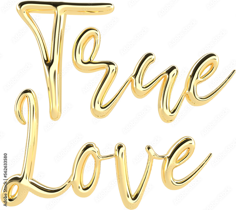 Obraz premium True Love Golden 3D Metallic Thin Chrome Cursive Text Typography