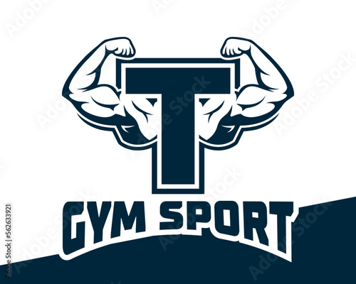 Muscular arm letter T logo illustration, Fitness Gym logo template, design for gym and fitness club.