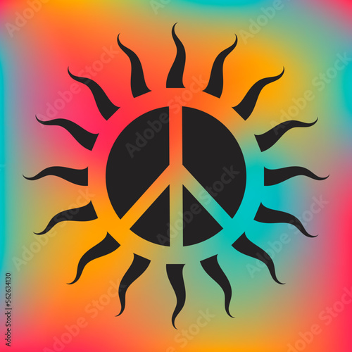 Icon, sticker in hippie style with black sunny Peace sign on rainbow gradient background.