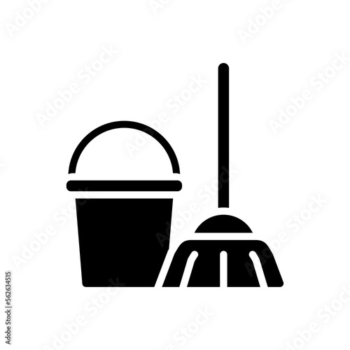 Sanitation services black glyph icon. Housekeeping. Cleaning equipment. Mop and bucket. Utility service. Silhouette symbol on white space. Solid pictogram. Vector isolated illustration
