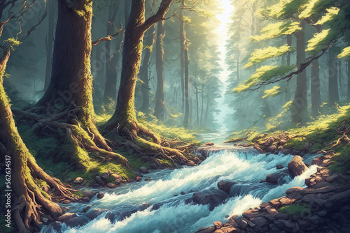 Illustration of an river flowing trough a forest