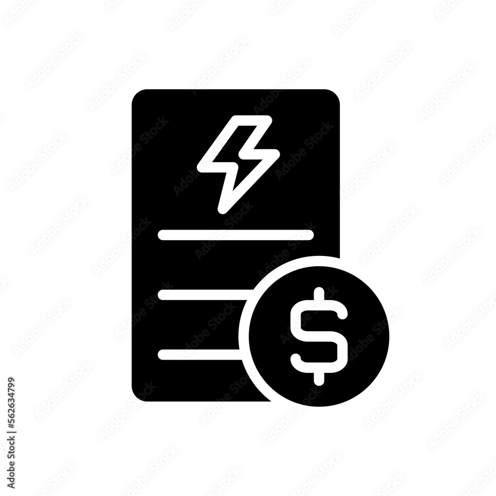 Electricity bill black glyph icon. Public utility service payment. Debt for utilities usage. Invoice information. Silhouette symbol on white space. Solid pictogram. Vector isolated illustration Electricity bill black glyph icon. Public utility service payment. Debt for utilities usage. Invoice information. Silhouette symbol on white space. Solid pictogram. Vector isolated illustration
