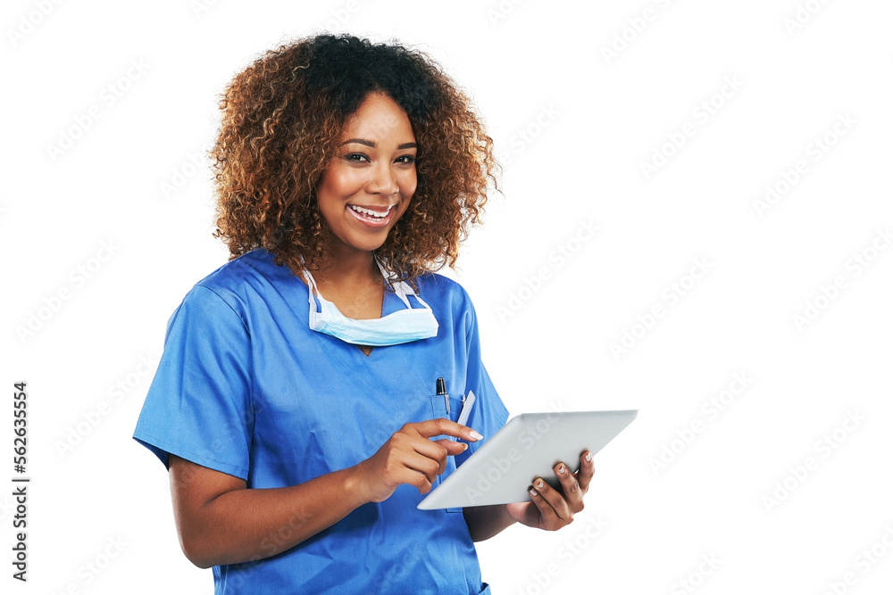 Healthcare, nurse and black woman with tablet in studio isolated on white background mockup. Technology, wellness and portrait of female medical physician with touchscreen for research or telehealth. Healthcare, nurse and black woman with tablet in studio isolated on white background mockup. Technology, wellness and portrait of female medical physician with touchscreen for research or telehealth.