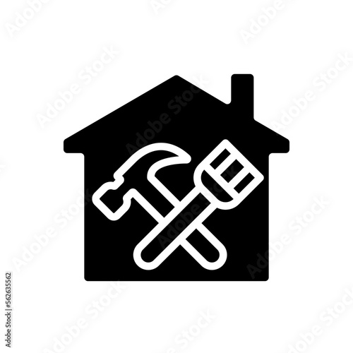 Overhaul black glyph icon. Building revision and restoration. Renovation service. Hammer and paintbrush. Silhouette symbol on white space. Solid pictogram. Vector isolated illustration