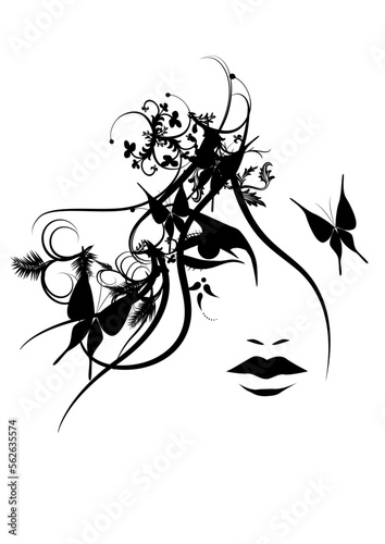 女性の顔、蝶、ヘアースタイル