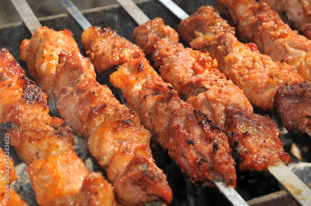 Pork skewers fried on sticks. Barbecue on skewers is fried on the grill. Picnic. Family. Summer concept. Unhealthy food. Weekend.