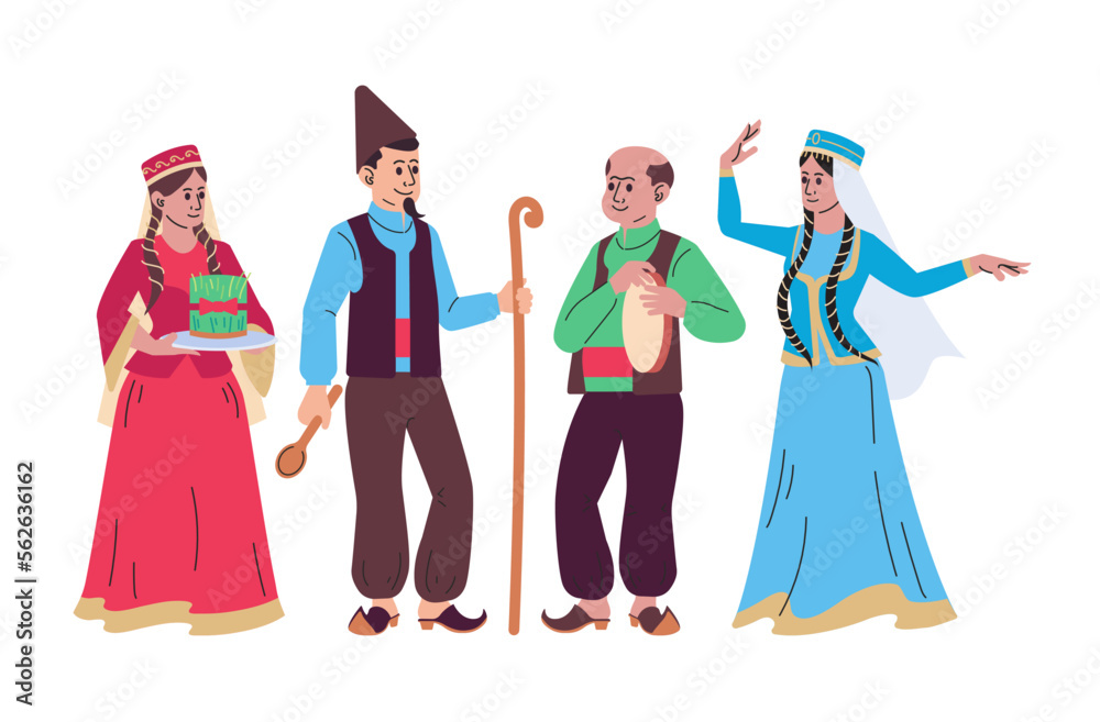 Novruz holiday characters vector illustration