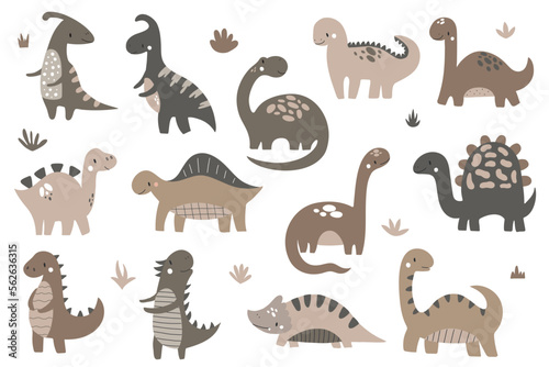 Fototapeta Naklejka Na Ścianę i Meble -  Set with cute dinosaurs on a white background in boho style. Vector illustration for nursery design, textiles, postcards, posters