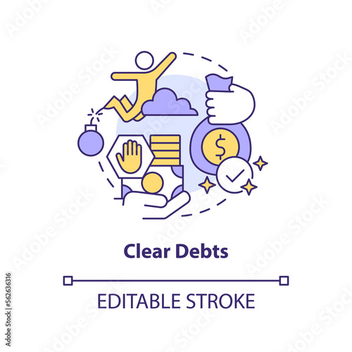 Clear debts concept icon. Avoid using credit money. Investing preparation abstract idea thin line illustration. Isolated outline drawing. Editable stroke. Arial, Myriad Pro-Bold fonts used