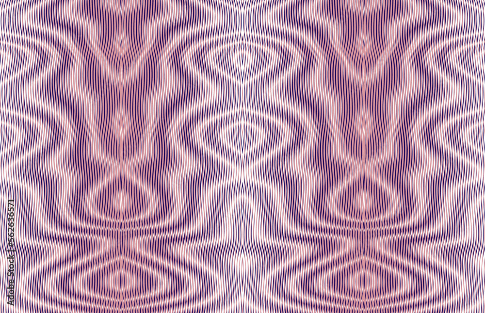 Fototapeta premium Wavy geometric ornamental linear texture with optical illusion and moir effect in pink tones. Wavy striped seamless border for web design, mobile apps, wall panel, cover, package, wallpaper.