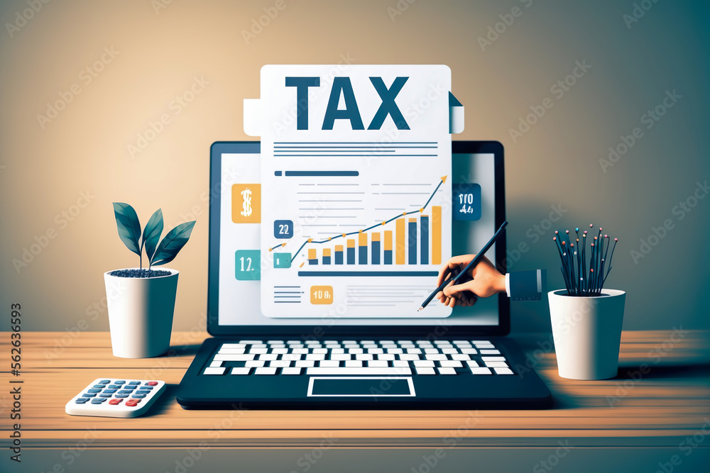 Government taxes and calculation tax return concept , Tax return online for tax payment , Government, state taxes, paperwork, financial research, report , generative ai - obrazy, fototapety, plakaty 