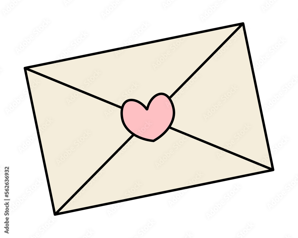 A white paper envelope with a message. Love letter with pink heart stamp. Color vector illustration. Cartoon style. Isolated background. Idea for web design. Valentine day.