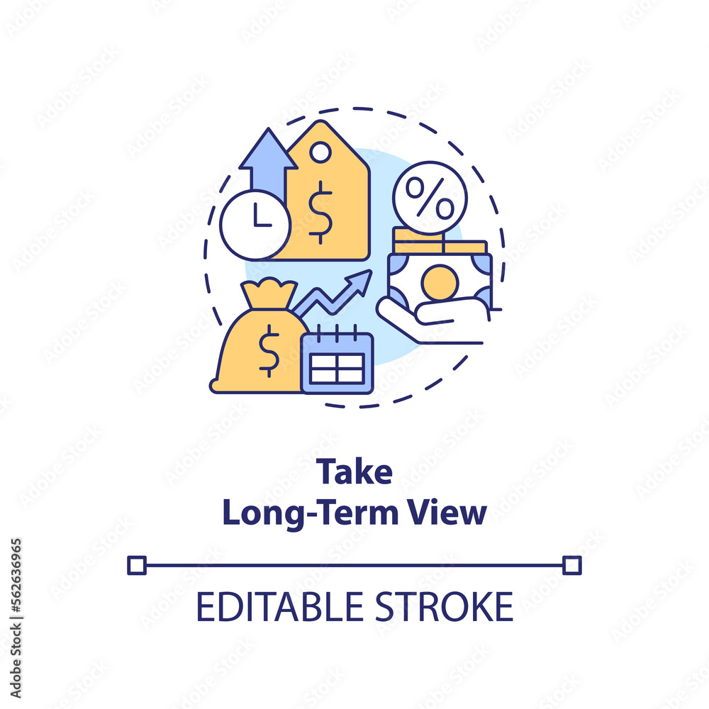 Take long term view concept icon. Financial planning. Rule of investing abstract idea thin line illustration. Isolated outline drawing. Editable stroke. Arial, Myriad Pro-Bold fonts used