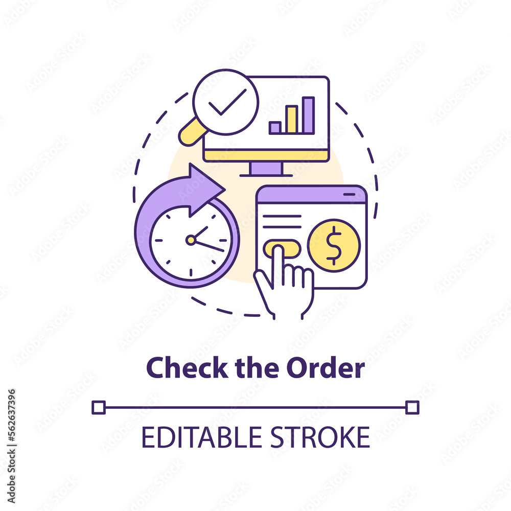 Check order concept icon. Be careful with transactions. Online investing abstract idea thin line illustration. Isolated outline drawing. Editable stroke. Arial, Myriad Pro-Bold fonts used