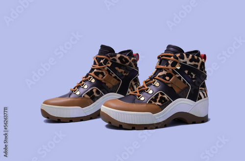 Women shoes brown leopard print on blue background. Stylish trendy autumn winter female boots. shopping concept. Close up.