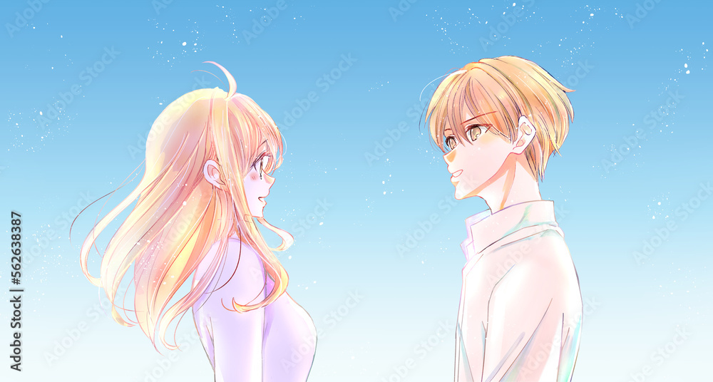 見つめ合う男女 青空