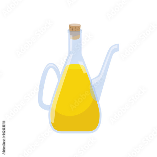 Olive oil in glass jug on white background. Olive product cartoon illustration. Organic food, home pantry concept