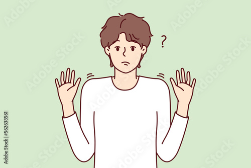 Embarrassed man discouraged raises hands up not understanding what is happening shows that is not guilty. Puzzled guy shrugging hands as sign lack options for solving problem. Flat vector design