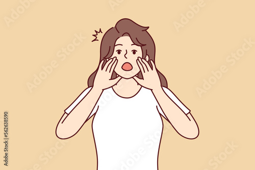 Woman screams loudly with mouth wide open and holds hands near face to tell others important news. Frightened girl tries to call for help using palms instead of megaphone. Flat vector design 