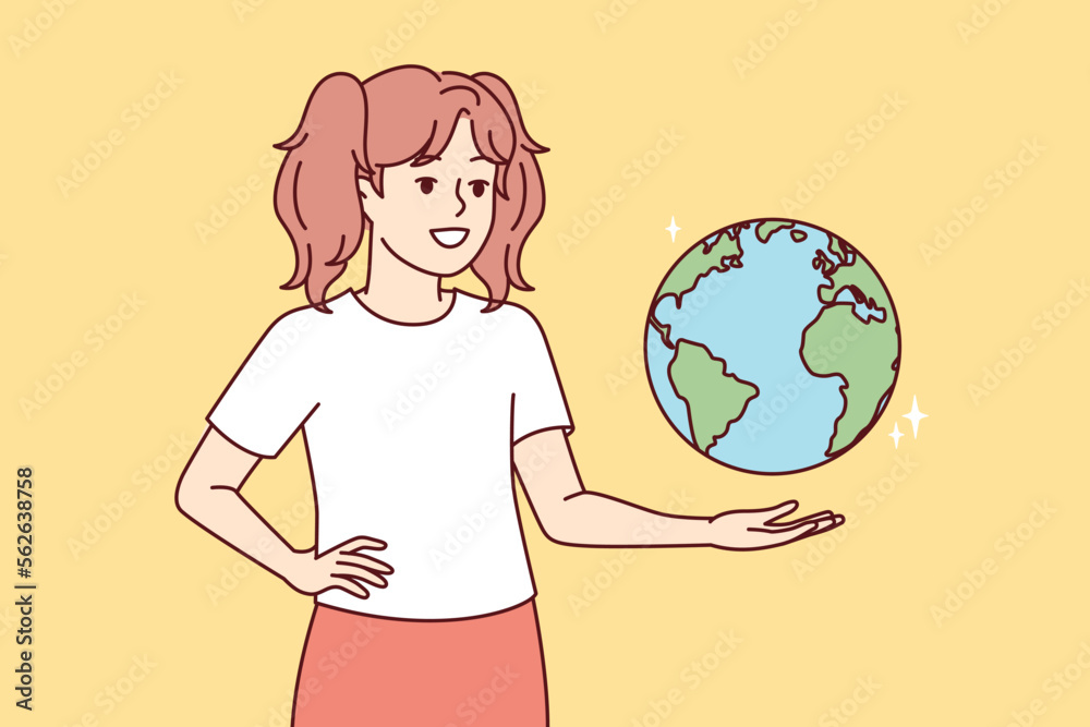 Fototapeta premium Teenage girl with globe hanging in weightlessness studies geography and location of continents or states. Child from elementary school dreams of traveling to cities of world. Flat vector illustration