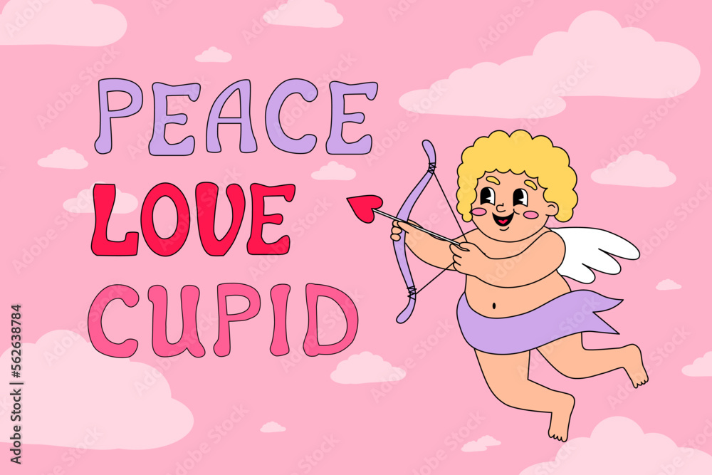 Valentine's day illustration with cupid. Cloud sky background. Vector illustration in cartoon groovy style Valentine's day illustration with cupid. Cloud sky background. Vector illustration in cartoon groovy style