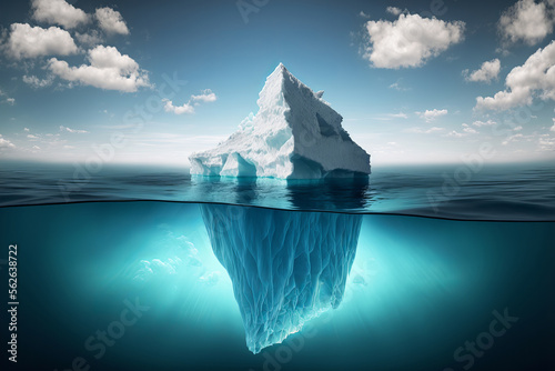 Iceberg floating in the polar sea with blue sky, ai generative illustration.