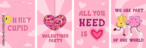 Retro cards on Valentine's Day. Groovy elements in cartoon style. Disco romantic vibe in vintage illustration