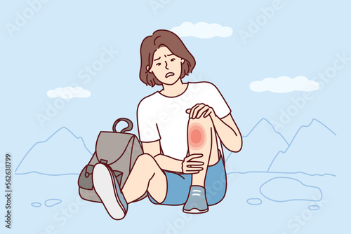 Weakened woman sits on ground with fear looks at wound on leg after fall during walk. Traveler girl was injured during hike and needs healing ointment or dressing of fracture site. Flat vector image