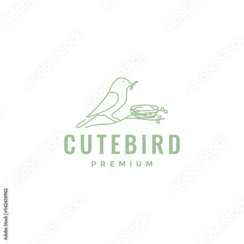 little bird create nest twig for lay eggs line logo design vector icon illustration template
