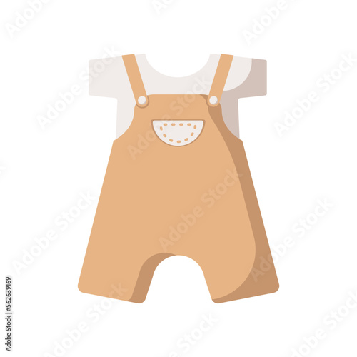 Orange dungarees for little boy or girl vector illustration. Cartoon drawing of newborn baby clothes isolated on white background. Childhood, maternity, birthday concept