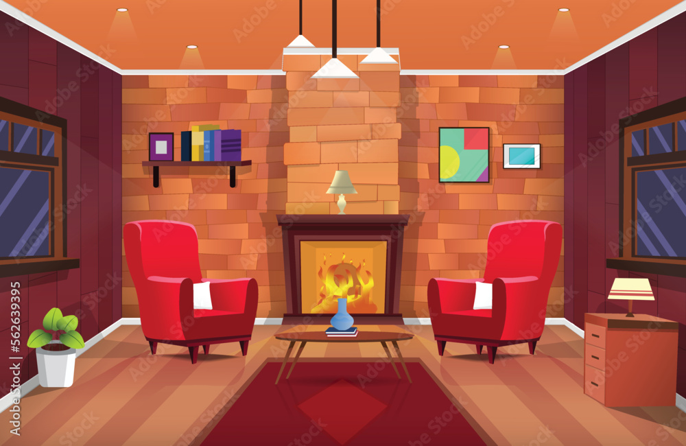 Obraz premium Vector illustration of beautiful warm interior, living room with fireplace. Winter cold weather cartoon background.