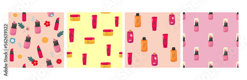 se of Makeup seamless pattern. Illustrations of different cosmetics. Lipstick and pomade glamour vector background