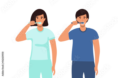 Fototapeta Naklejka Na Ścianę i Meble -  woman, man brushing his teeth. Vector illustration of a flat design. teeth cleaning, healthy teeth. concept