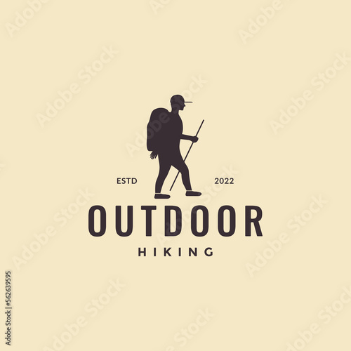 young man outdoor hiking mountain bag nature hipster logo design vector icon illustration template
