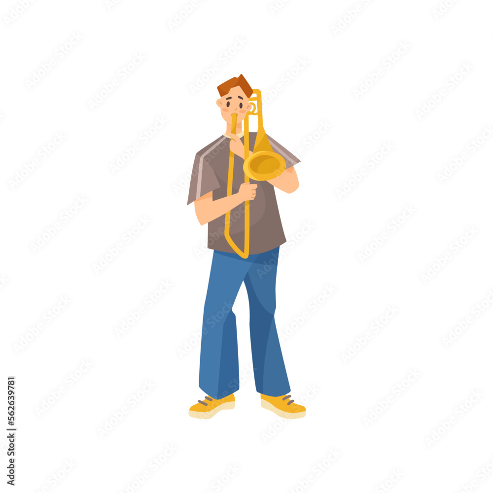 Cartoon man playing trombone vector illustration. Male musician character performing with musical instrument on street on white background. Music, performance concept