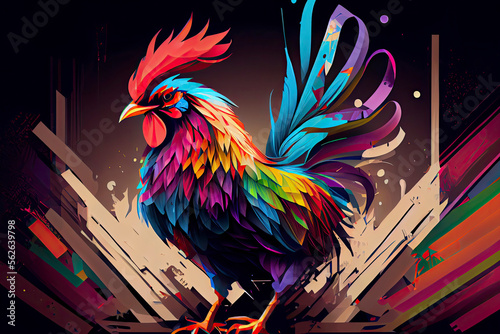 Fotografia Colorful Crowing Rooster in Polygon. Colorful