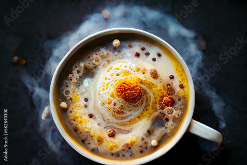 Life in a cup, in center, top view, scientific astronomy, foggy, micros professional photography of food, in sharp focus, in perfect focus