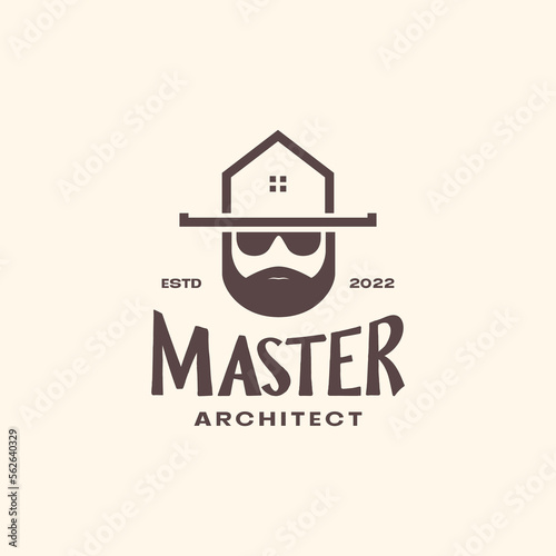 architecture master bearded home hat specialist structure vintage logo design vector icon illustration template