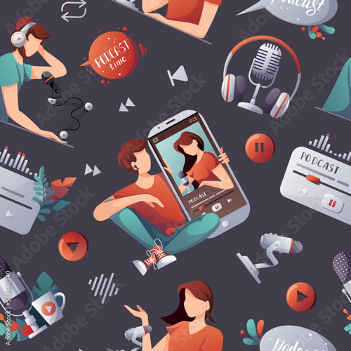 Seamless pattern with People recording podcast. Streaming, Online show, interview, blogging, podcasting, radio broadcasting concept. Vector illustration. 