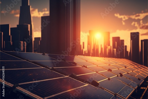 Solar panles with a city skyline made with generative ai photo