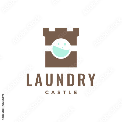 castle monument wash laundry clean clothes logo design vector icon illustration template