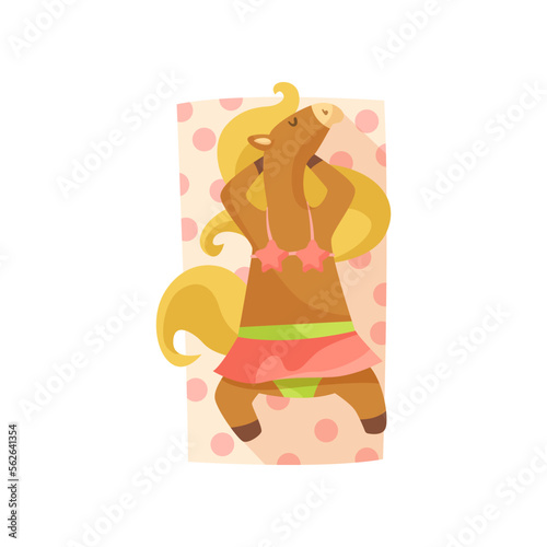 Horse cartoon character sunbathing vector illustration. Summer resort, funny comic wild animal in pink swimwear relaxing on beach towel on white background. Wildlife, vacation concept