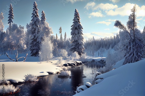 icy river made with generative ai, winter, lapland, huge trees