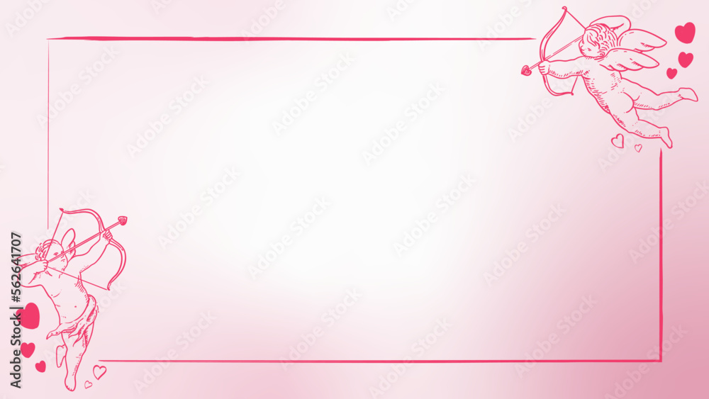 Valentine day background copy Space area, Hand drawn cupid, frame, pink, greeting card. Good for Valentine's day theme.
