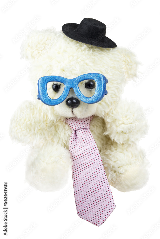 Fototapeta premium Cutout of an isolated white fluffy teddy bear wearing blue glasses, a black hat, and a pink tie with the transparent png 