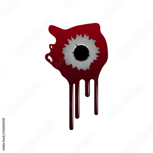 Bullet hole in metal on white background cartoon illustration. Crack from bullet, damaged steel, weapon hole with blood or paint. Shot, crime, target, violence, damage, destruction concept