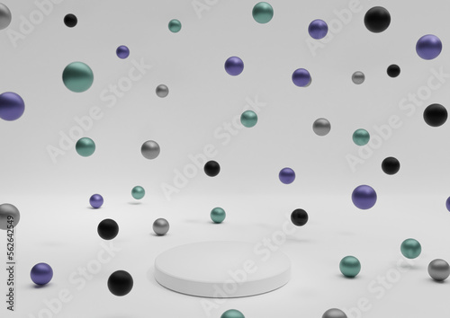 White, light gray 3D illustration minimal product display Christmas themed colorful decoration Christmas balls colorful metallic marbles falling photography wallpaper one podium or stand horizontal