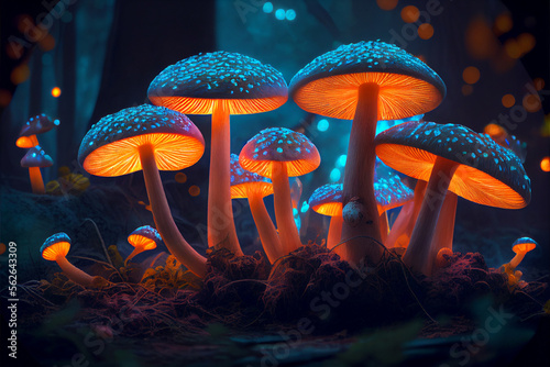 Mushrooms luminous in the night. Cartoon fungi glowing in dark woods background. AI generative