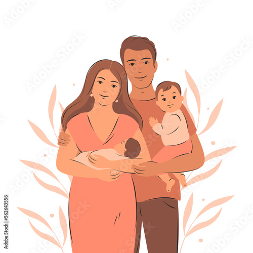 Family  with two children. Happy parents with newborn. Pregnancy and breastfeeding concept. Vector illustration.